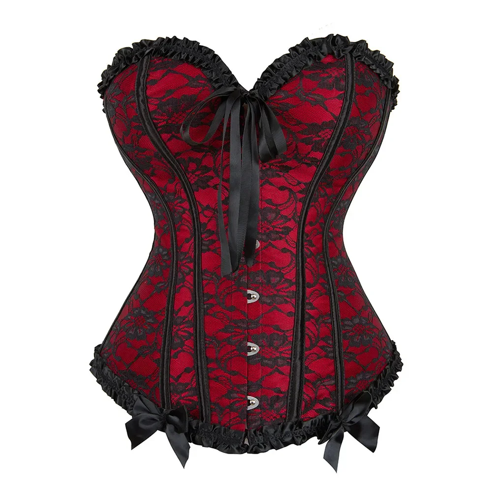 Red Corset Top Women Vintage Overbust Bustier Gothic Victorian Lace-up Boned Shapewear Slimming Waist Shaping Corselet Black