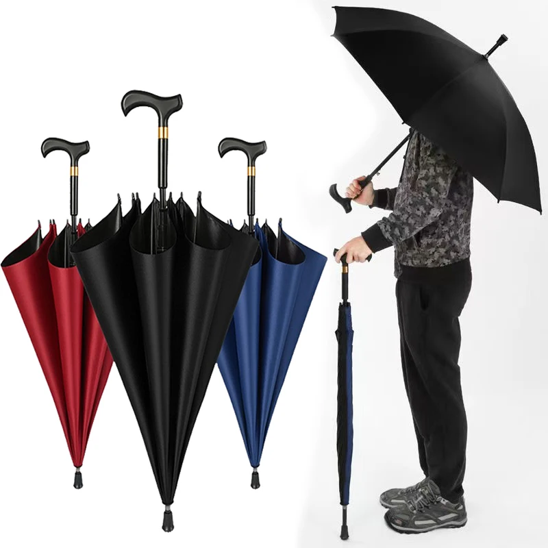 Wholesale custom 23-inch semi-automatic straight umbrella wind and rain walking crutches grandparents with crutches umbrella