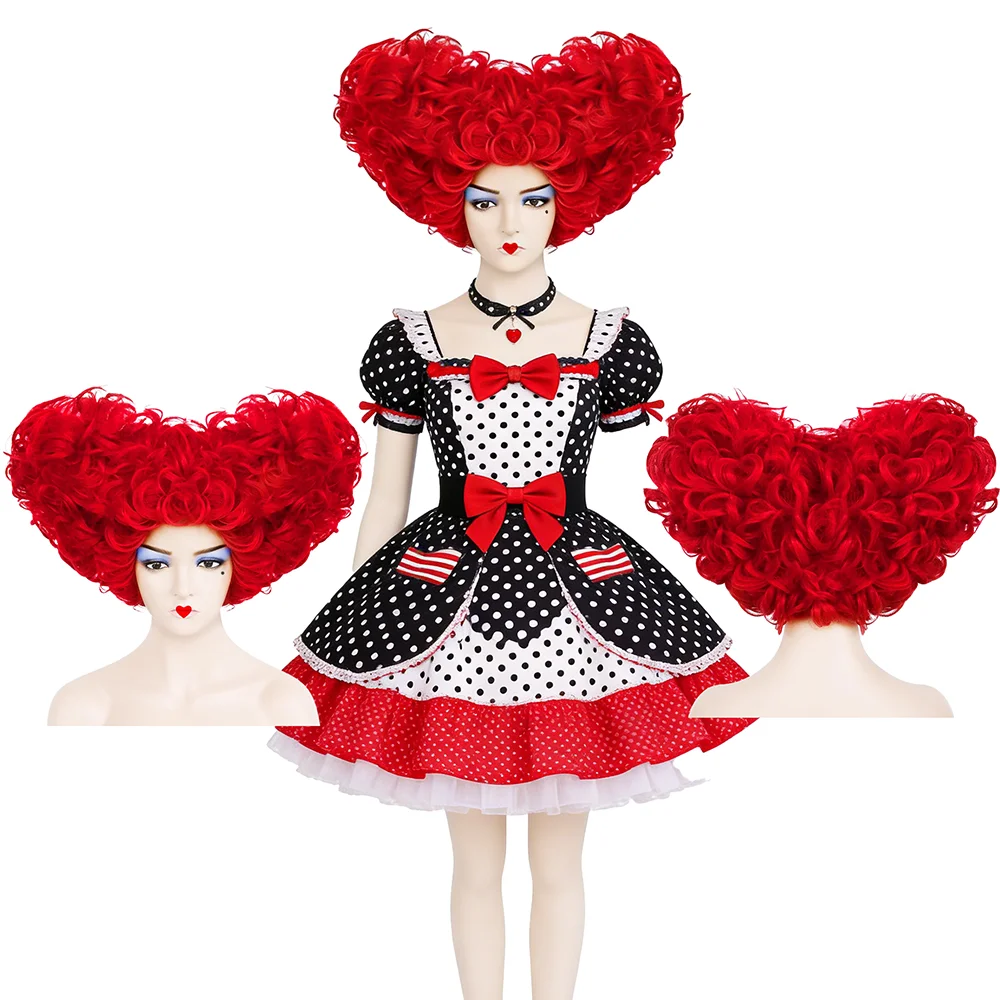 Red Queen Cosplay Wig Queen of Hearts Heart Shaped Bright Red Curly Wig Heat Resistant Synthetic Hair for Halloween Anime Expo