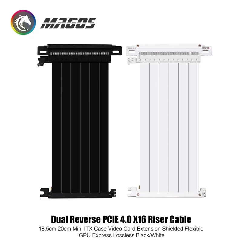 PCIE 4.0 X16 Riser Reverse Cable 18.5/20cm For Mini ITX Case, Video Card Extension Shielded Flexible Lossless,White/ Black