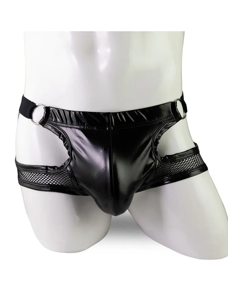 Men's PU Panties Double Thong Hollow Out Butt Sexy Mesh See Through Low Waist Boxer U Bulge Pouch Sheath Shaping Underwear Gay