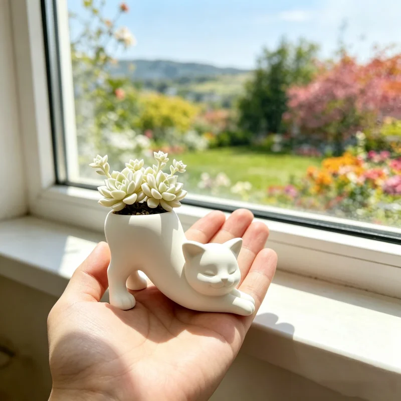 Snoozing Cat Shaped Small Plant Pot,Black White Mini Planter,3D Printed For Office Bookshelf Nightstand Table Decor Ornament
