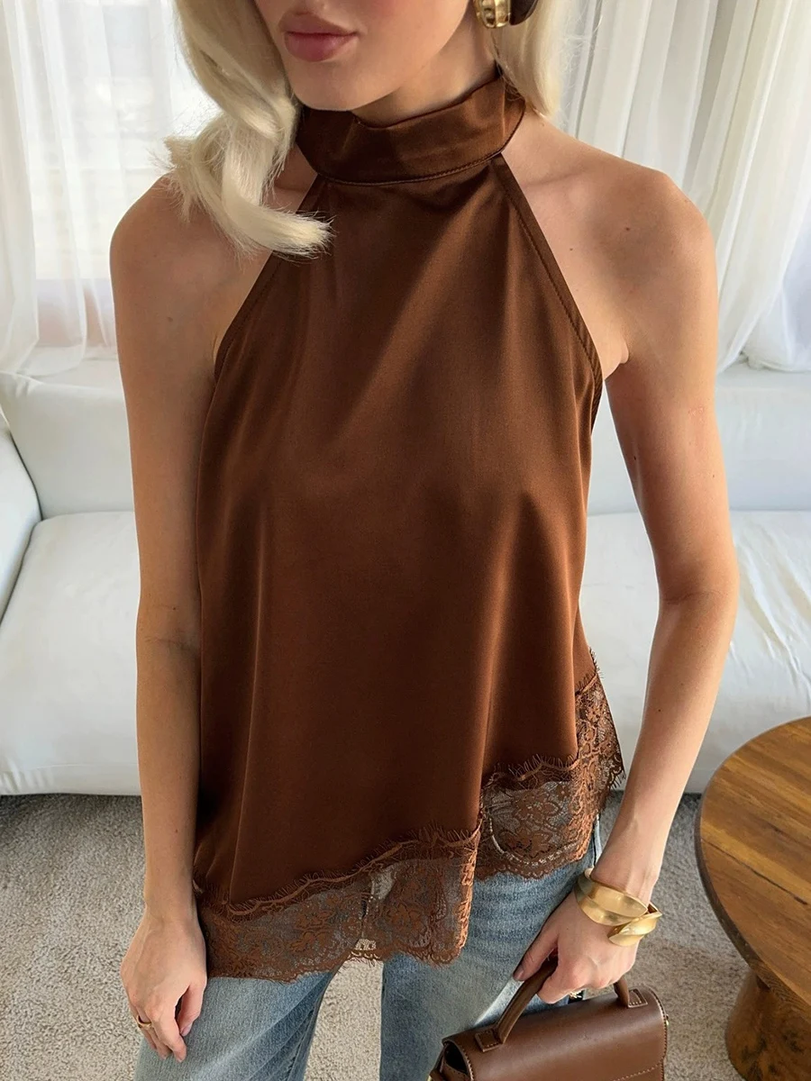 TWOTWINSTYLE Brown Loose Spliced Lace Chic Vests for Women Stand Collar Sleeveless French Vintage Vest Female Summer Fashion New