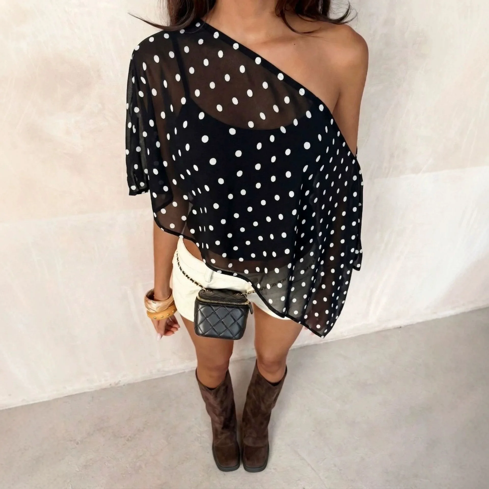 Women's Polka Dot Off Shoulder Batwing Short Sleeve Sheer Chiffon Irregular Hem Crop Blouse Versatile Club Casual Fashion Shirt
