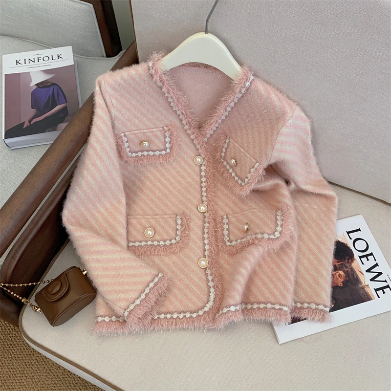 Jaket mantel rumbai wanita, elegan bulu imitasi kotak-kotak leher V lengan panjang kasual longgar saku rajutan Sweater Pink