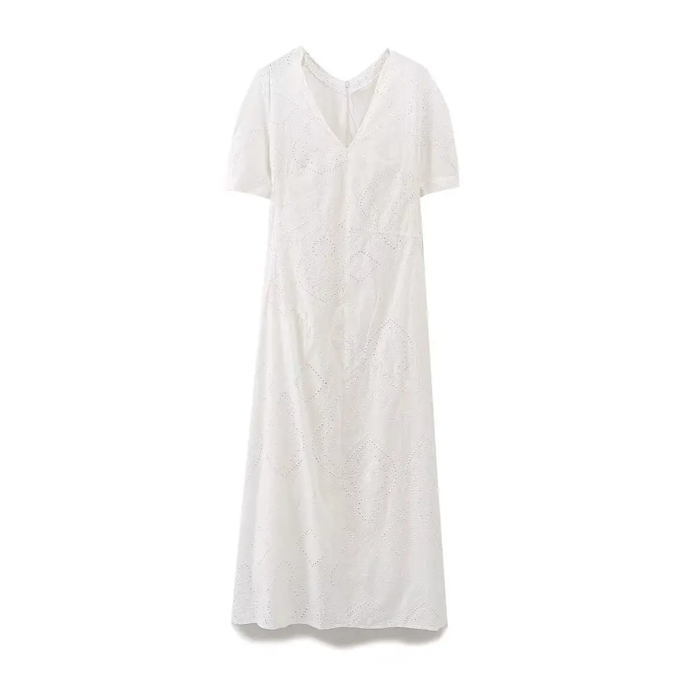 

BM&MD&ZA Womens Casual Elegant V - neck Short - sleeved Embroidered Hollow - out Mid - length Dress with Exquisite Embroidery
