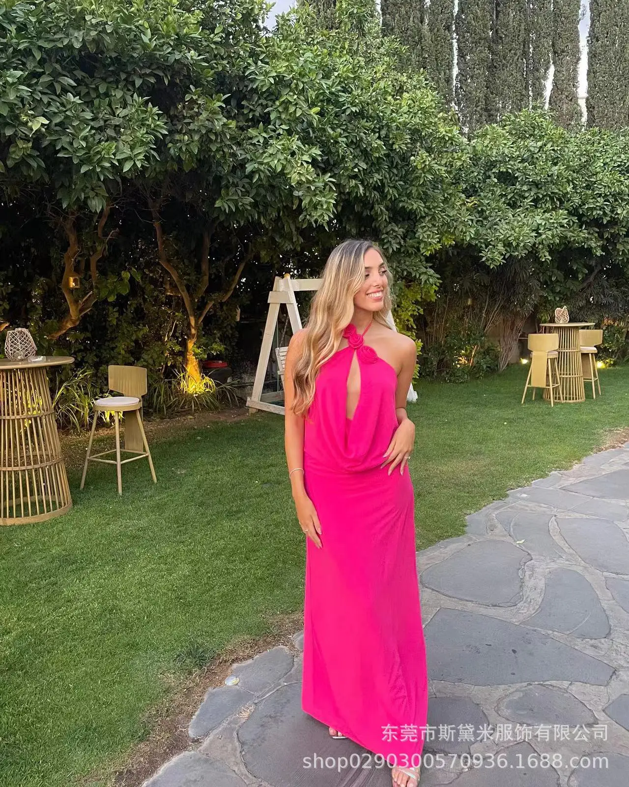 

Rose Red Women Prom Dress Sexy Deep Halter Neck Sleeveless 3D Flower Long Sheath Party Gown Daily Casual Holiday Birthday Robe