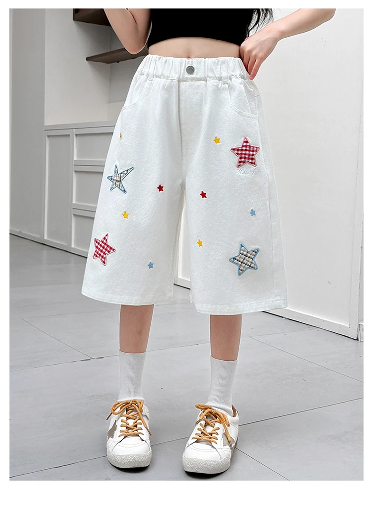 Kinder Sommer Retro Blaue Denim-Shorts mit Sternen für Tweens Mädchen Hip-Hop Taschen Hohe Taille Schmale Knielange Capri-Jeans – Detail 2