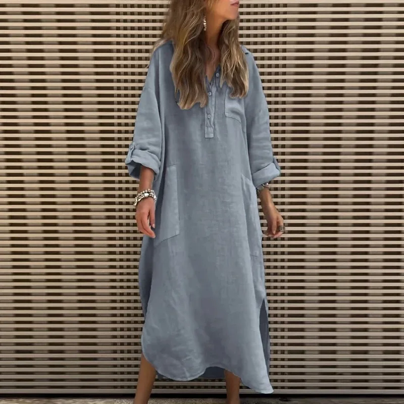 Autumn Spring Simple Blend Women Dress Long Sleeve Button Stand Collar Side Slit Long Dress Casual Solid Cotton Loose Maxi Dress