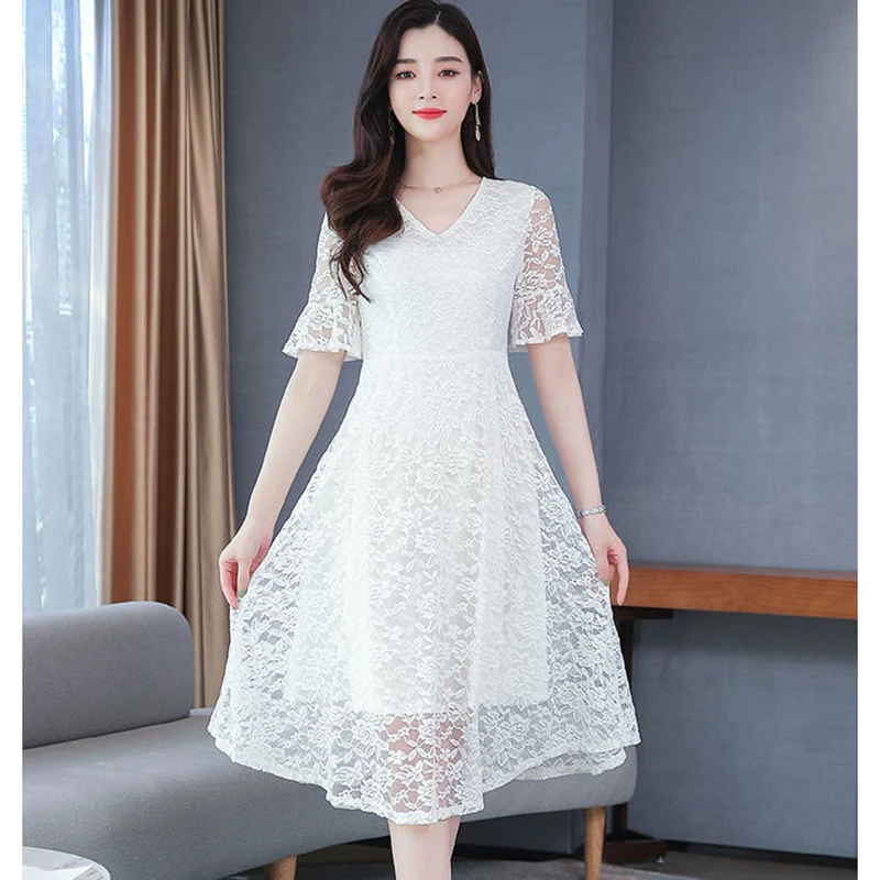 Elegant V-Neck Spliced Solid Color Flare Sleeve Prom Dress Women's Clothing 2024 Summer New Loose Office Lady Lace Dresses