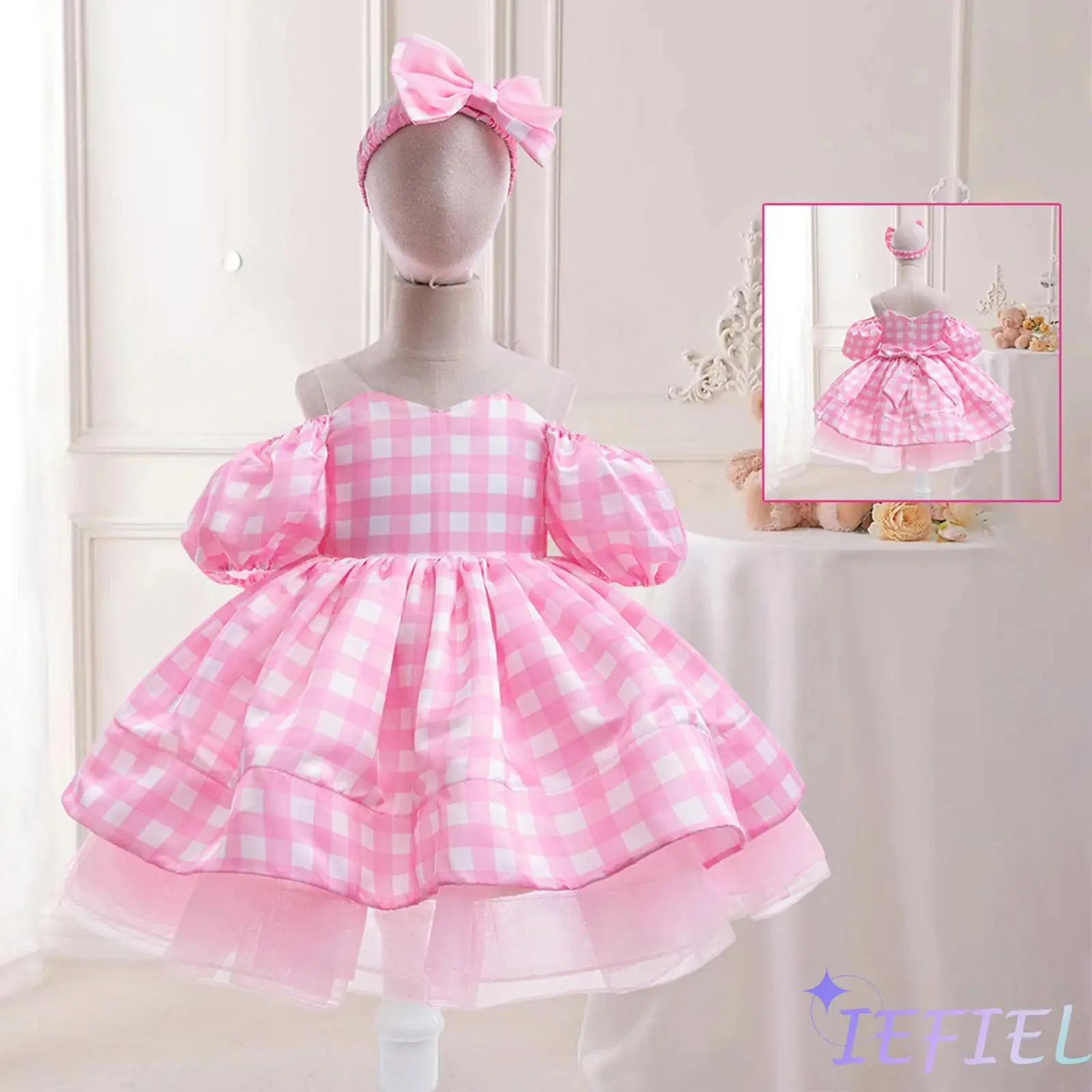 

Halloween Girls Roleplay Costume Princess Dress Off-the-shoulder Puff Sleeves Plaid Tutu Bowknot Headband for Masquerade Cosplay