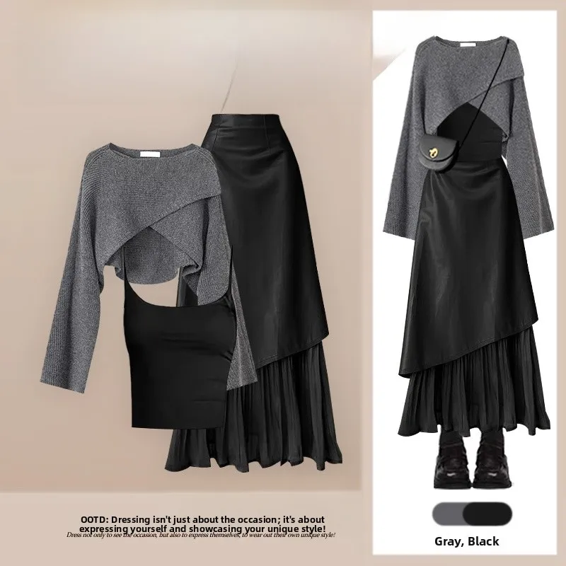 

Осенний модный женский длинный свитер свека, жилет и юбка, комплект из футболки, повседневная одежда Lazy Sle, удобный ансамбль