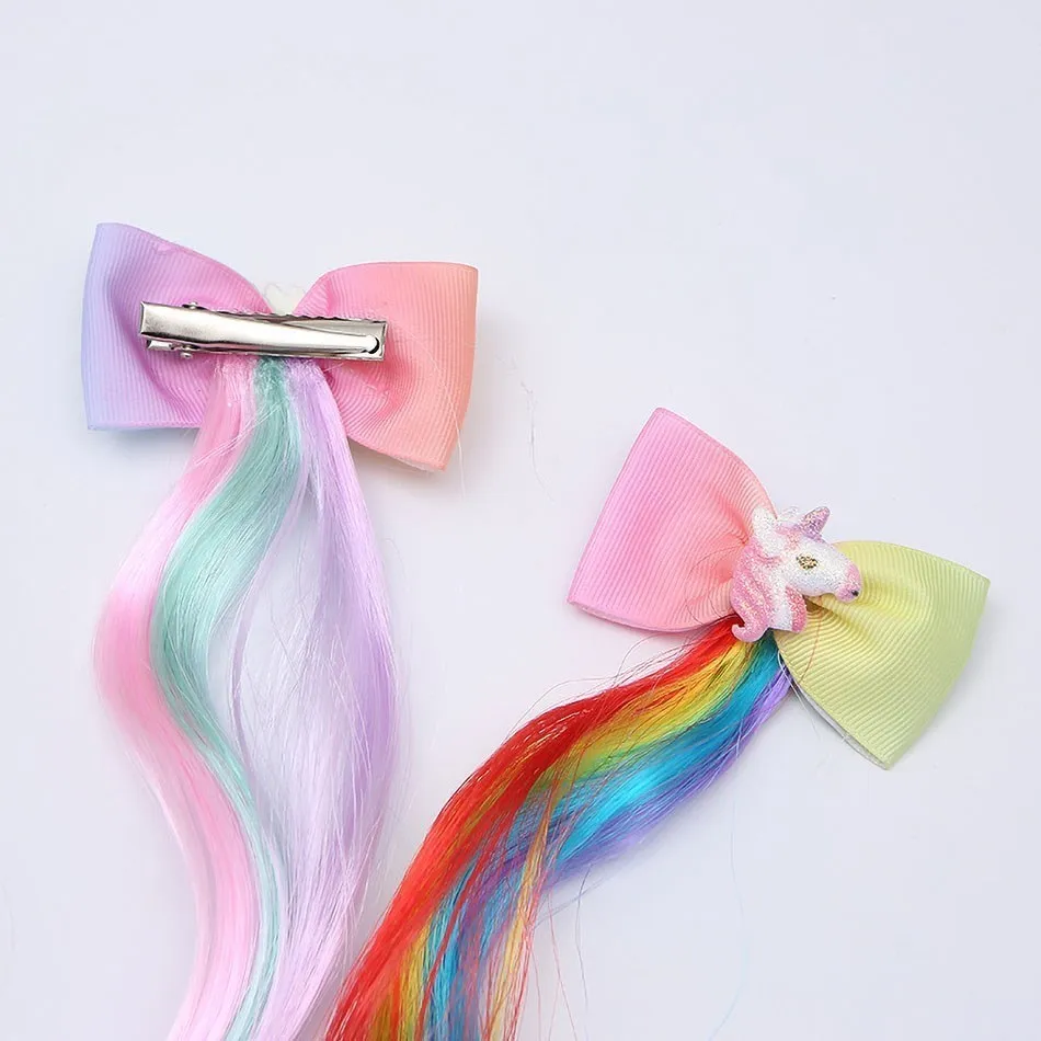 Kids Rainbow Hair Clips Unicorn Hair Extensions for Girls Children Ponytail Holder Baby Princess Barrettes Hair Bow Accessories 