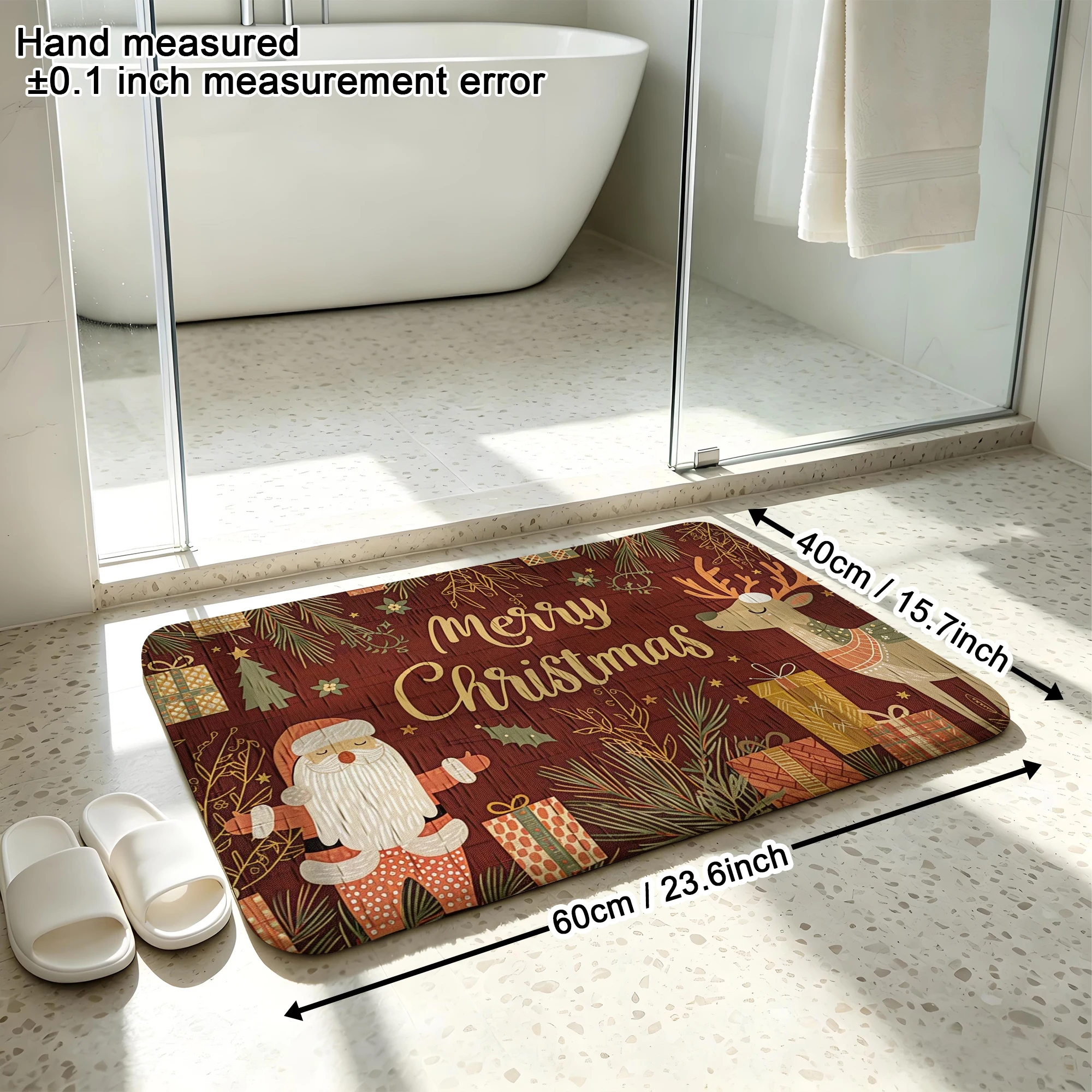Retro Cartoon Santa Reindeer Gift Print Plush Absorbent Sponge Mat,Bathroom Non‑Slip Mat & Decorative Door Mat