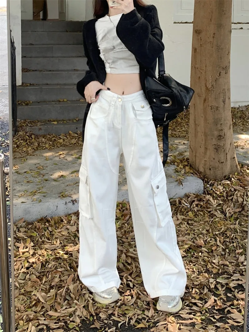 Frühling Herbst neue weiße hohe Taille gerade Bein Baggy Jeans Frau Damen bekleidung 90er Jahre Kleidung Vintage koreanische Straßen mode breit