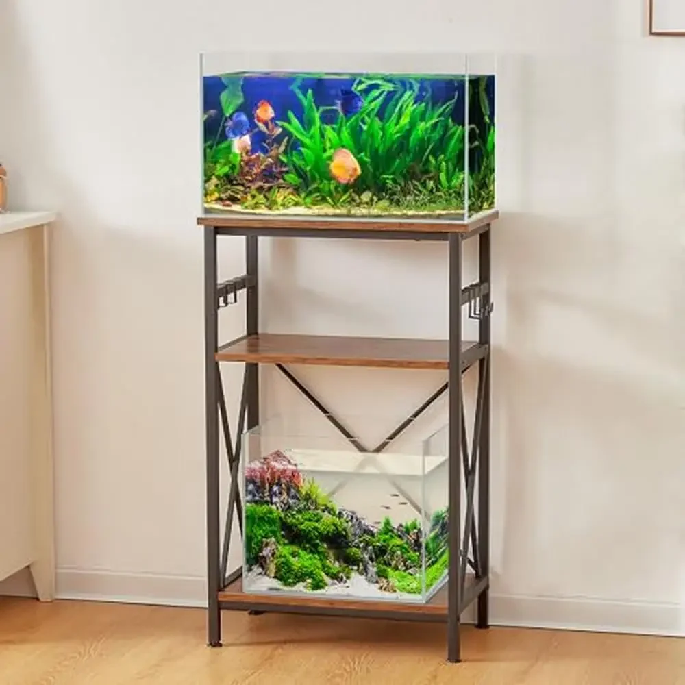 

3-Tier Metal Fish Tank Stand with Shelf Holds 10&5 Gallon Aquariums Stable Structure with Hooks and Storage Rustic Brown Design