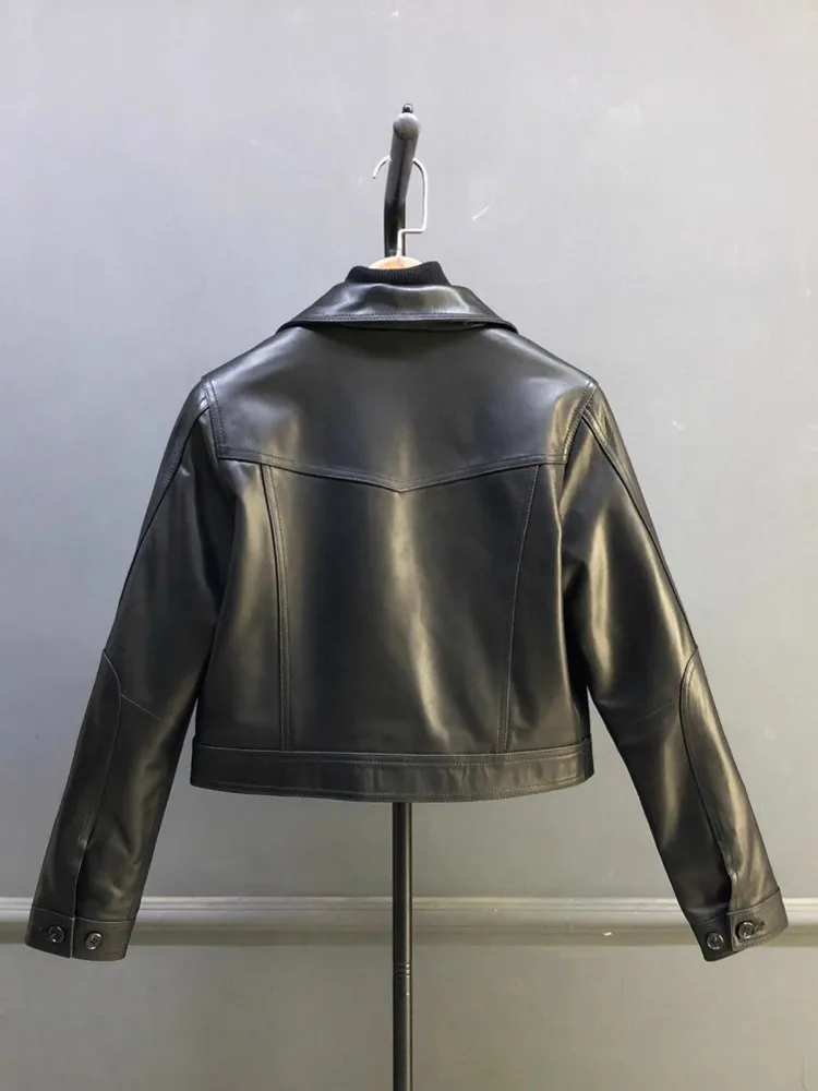 Nuove donne di moda stile corto moto motociclista pelle di pecora giacca in vera pelle zip slim fit casual autunno antivento cappotto in vera pelle