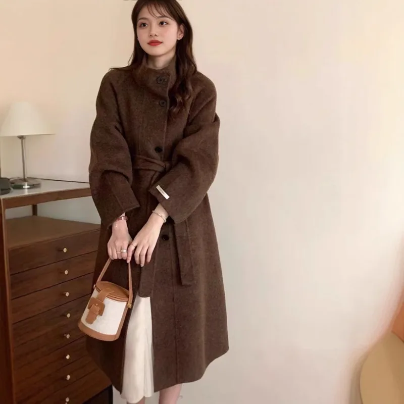 2026 New Double-sided Wool Coat Women's Winter Single-breasted Long Belt Stand-up Collar Casual Warm Fluffy Woolen Overcoat