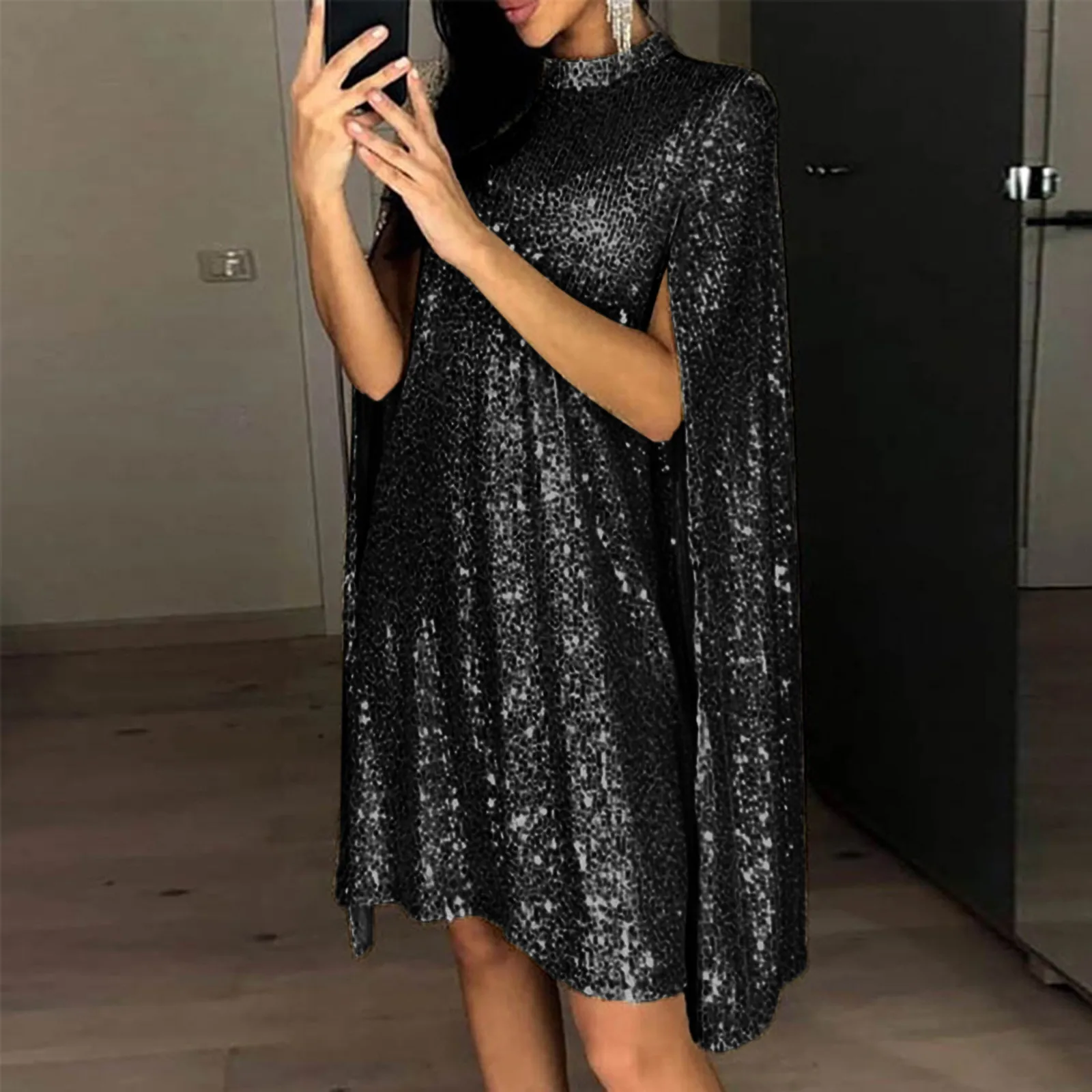 Vestido corto holgado con lentejuelas para mujer, minivestido de noche brillante con manga larga abombada y abertura, para fiesta de cóctel