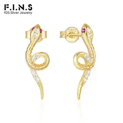 F.I.N.S Trendy 925 Sterling Silver Bend Snake Piercing Stud Earrings For Women Punk Street Party Hypoallergenic Ear Fine Jewelry