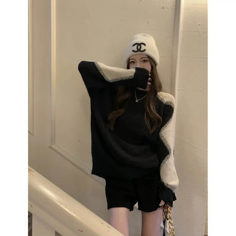 Women New Style Fashion Wave Splicing Pullover Temperament Versatile Sweater Comfortable Minimalistic Long Sleeve Blouse Autumn