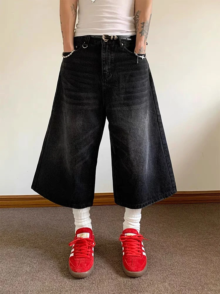 

Retro American Black Denim Seven-Foot Men's Summer Trendy Brand Washed Loose Wide-Leg Over-Knee Shorts Casual Straight Cut