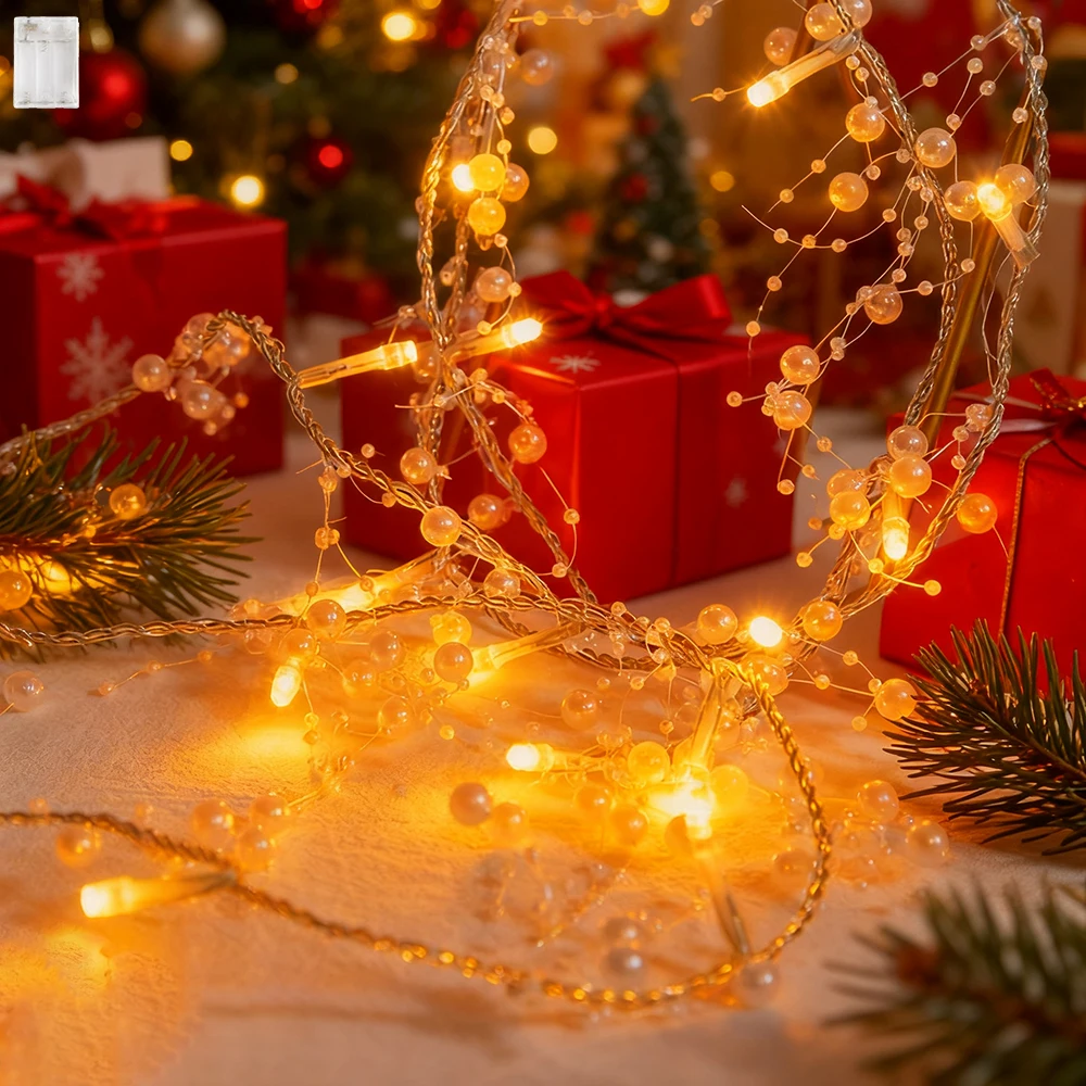 1pc Pearl Beads String Lights, 20/30/50LED Pearl Garland Lights, Battery Operated Christmas Handmade Weave Fairy String Lights