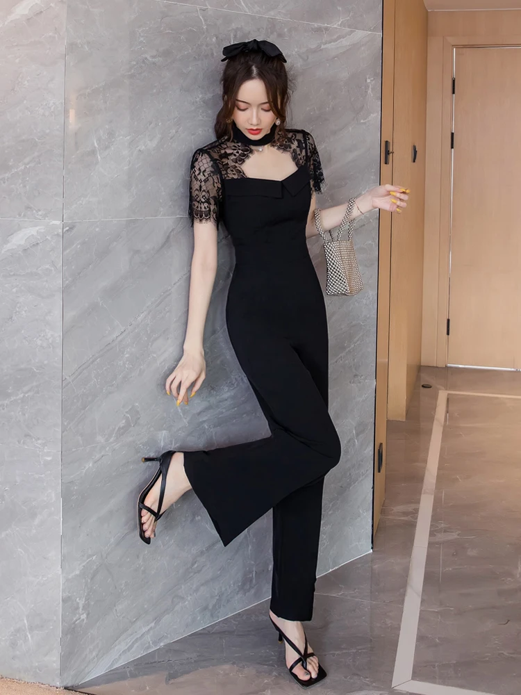 

Summer New Sle Sexy Hollow out Lace Me Splice ort Sve Onesie Women High Waist Wide Leg Pants Trendy Cotton Blend Fabric