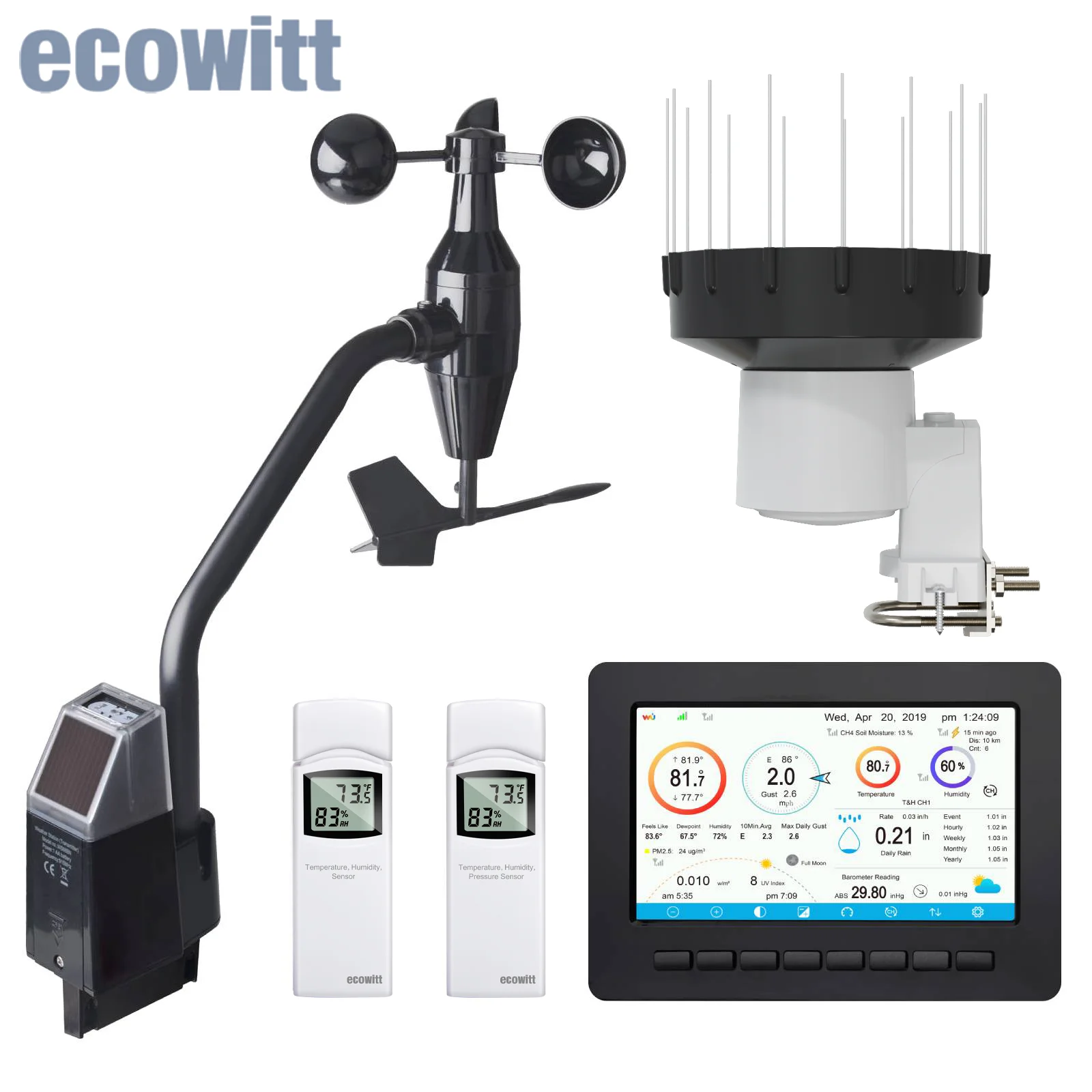 Ecowitt HP2552 TFT 7인치 콘솔 Wi-Fi 기상 관측소(풍속계 센서, 레인 게이지 센서 및 온습도계 포함)