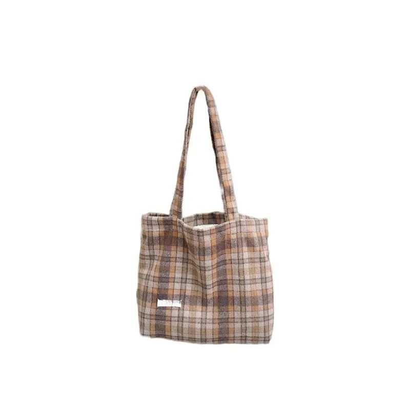 Autumn and Winter Large Capacity Women\'s Bag Retro Woolen Plaid Hand-held Tote Bag Woolen Simple Shoulder Bag