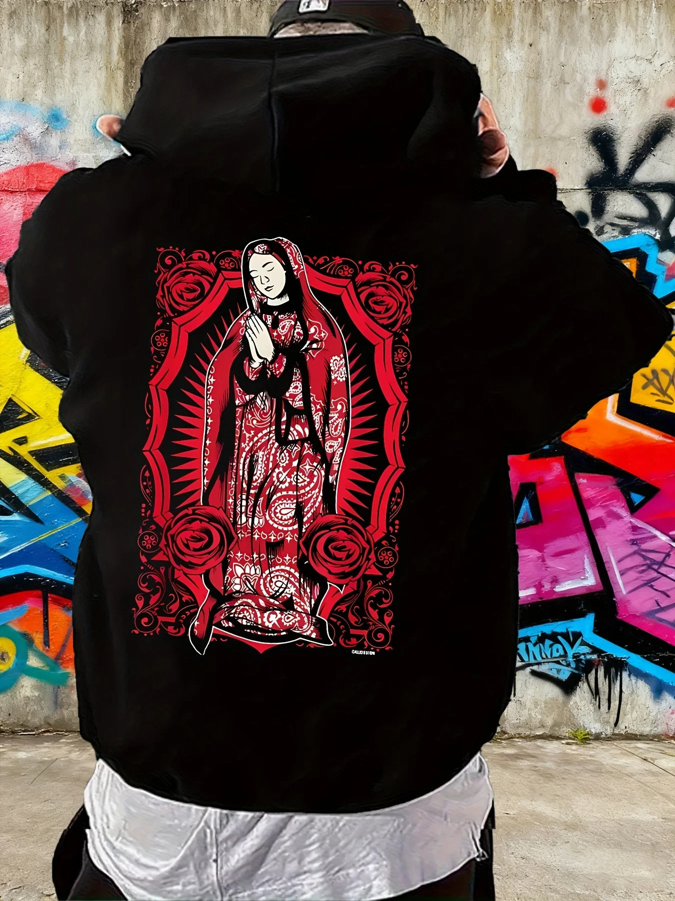 Sudadera con Capucha Estampada para Hombre - Icono Religioso Gótico Rojo y Negro, Sudadera Casual con Bolsillo Canguro, Mangas Largas Lavables a Máquina, Adecuada para Uso Diario y Actividades al Aire Libre (Ropa Religiosa)