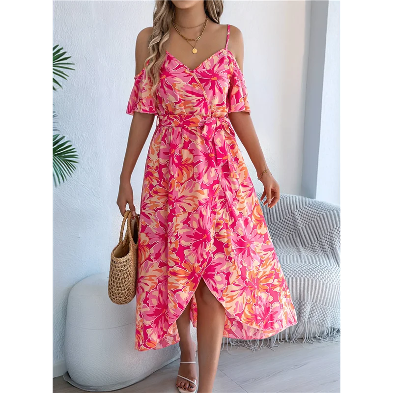 【SEE】Maxi Dresses For Women 2025 Summer Boho Cold Shoulder Suspender V Neck Dress Casual Split Thigh Flowy Long Dress