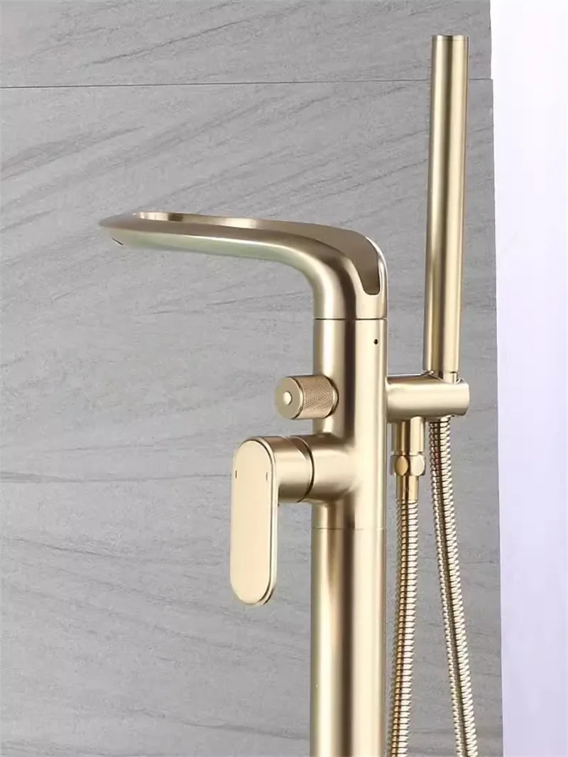  Brushed Gold Bathroom Bathtub Faucet + Handheld Shower Free Standing Luxury Waterfll BathTub Mixer Taps Floor Mounted