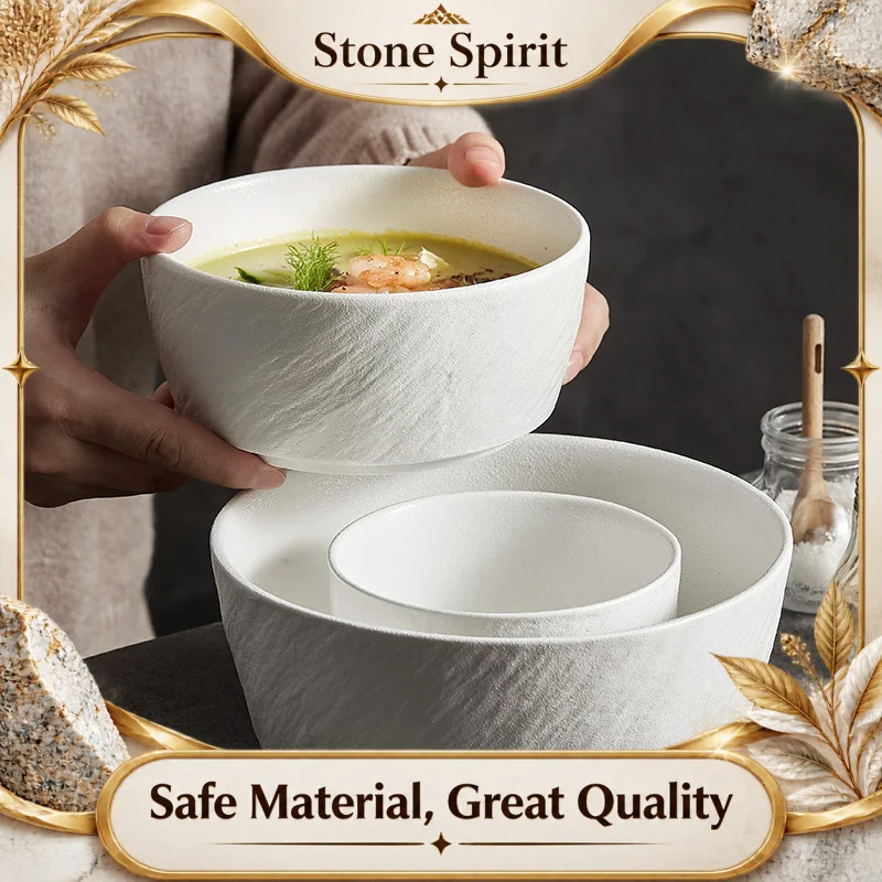 Solid Color Stone Grain Ceramic Bowl, Household Rice Bowl, Soup Bowls, Ramen Bowl, Soup Plate, Tableware, Kitchen Utensils