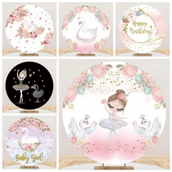 Pink Flower Gold Crown Swan Round Backdrop for Cover Princess Girl Birthday Party Baby Shower Circle Photography Background