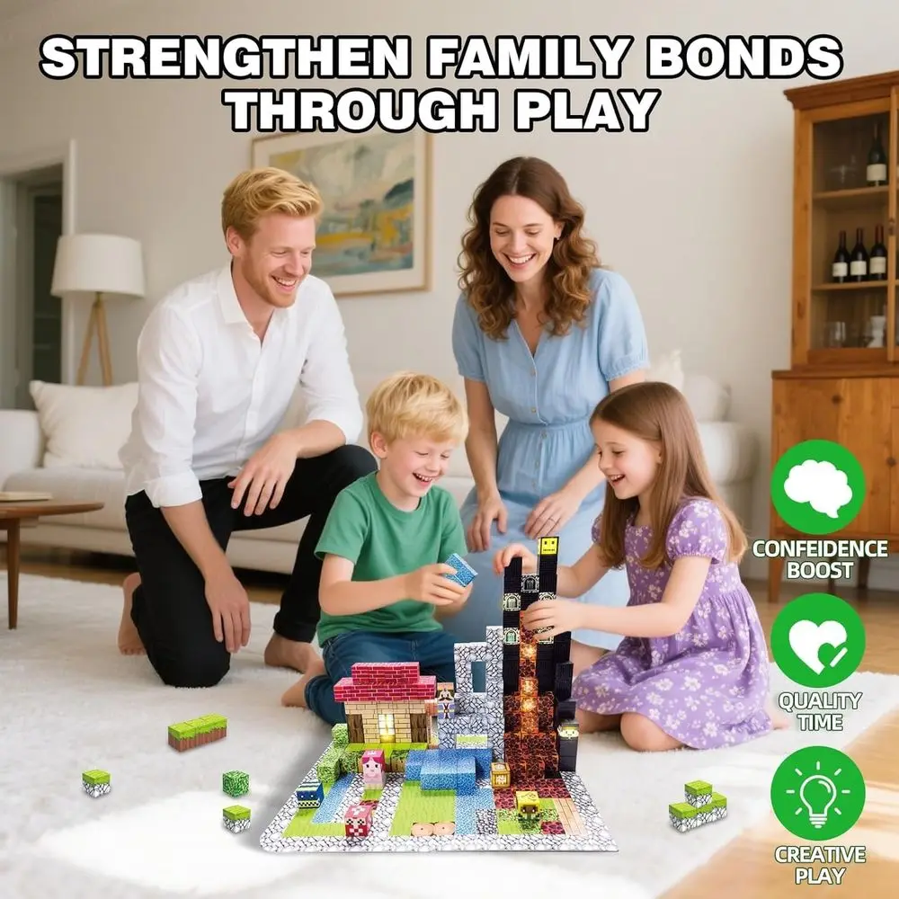 STEM Magnetic Building Blocks Set: 200 Pieces with 15 Light-Up Cubes, Foldable Board for Kids 3+
