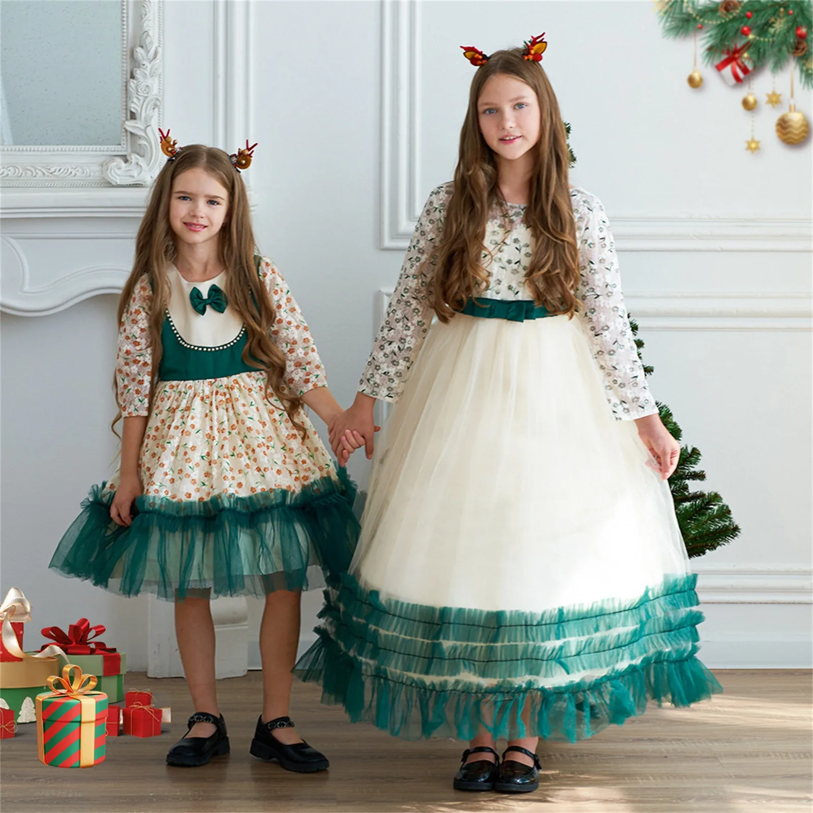 Kerst Kinderen Meisjes Groene Jurken Voor Kinderen Lange Mouw Party Prinses Kleding Kostuum 4-14 Jaar Elegante Bruiloft Avond vestidos