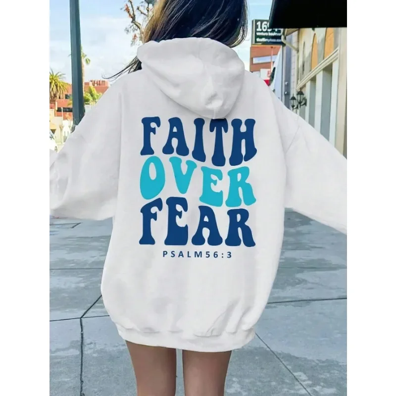 High Quality Faith Over Fear Psalm Letter Women Hooded Fashion Oversize Cotton Hoodies Casual Fleece Autumn Soft Warm Female