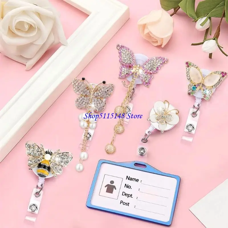 F3MA تمتد 60 سم راينستون راينستون بطاقات معرفات Butterfly Bees Clip Clip Clip Clip Lightweight ABS لمقطع أمان مكان العمل