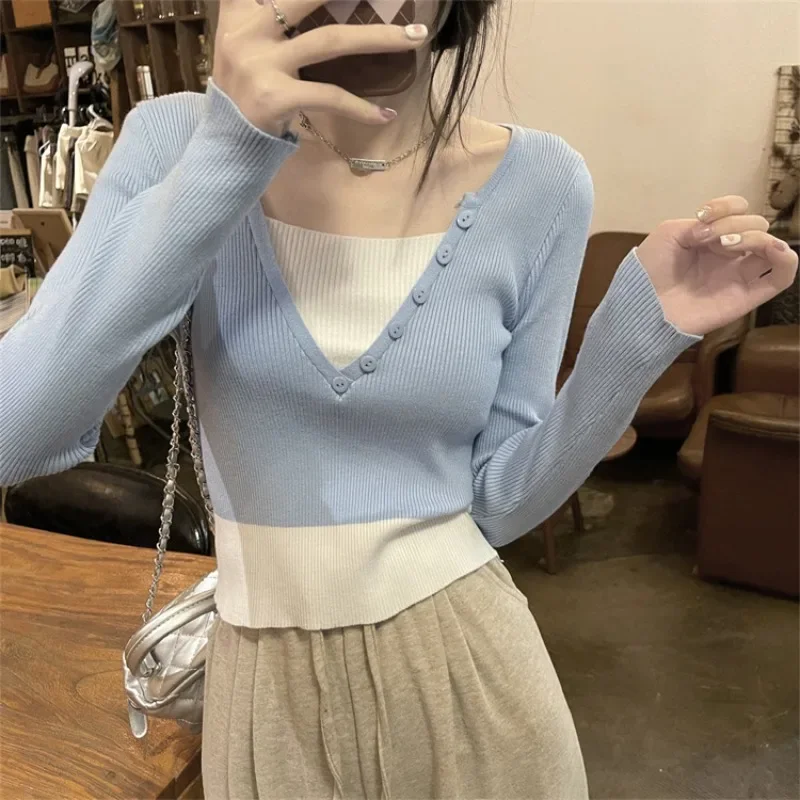 

Fake Two Pieces V Neck Long Sleeve Women Sweaters Autumn Winter Temperament Contrast Color Knit Tops Slim Bottom Sweater Korean