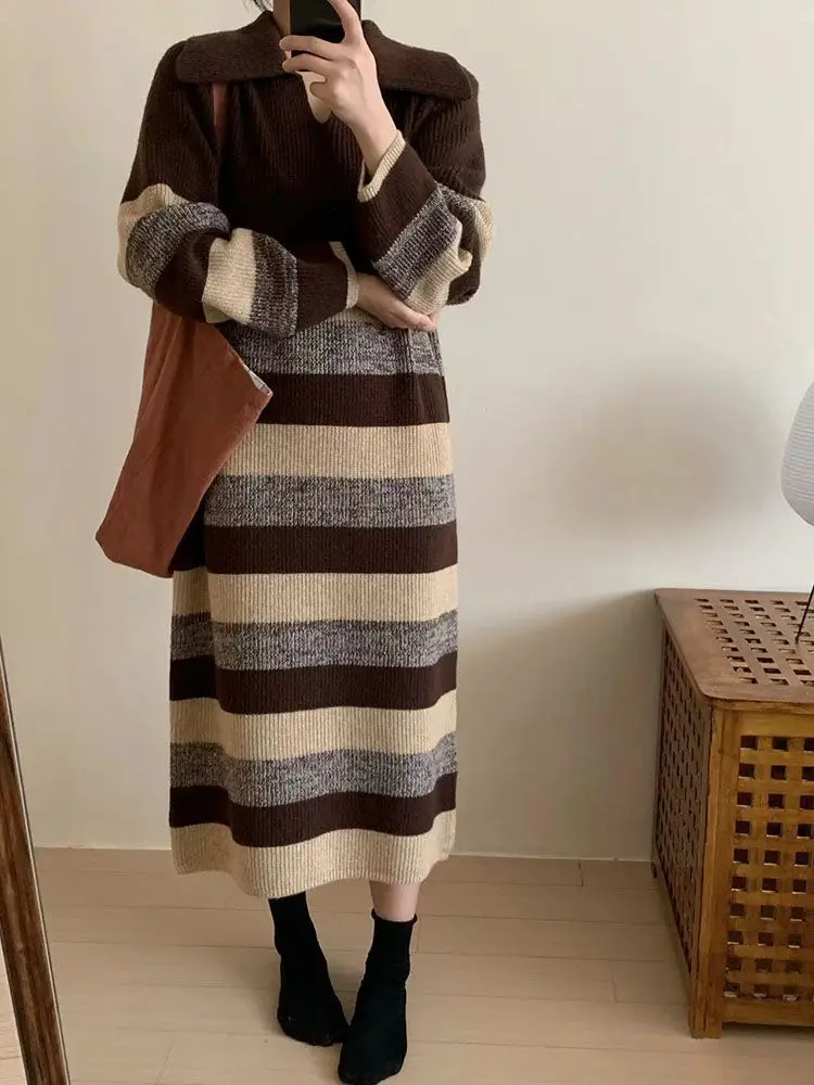 Korejpaa Elegant Retro Sweater Dress 2024 Autumn Winter Turn-down Collar Striped Knitted Dresses Women Gentle Warm Vestidos