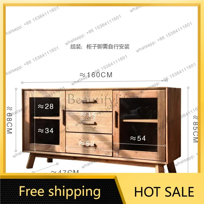 YJ Log glass double door three bucket cabinet living room locker American country pine cabinet