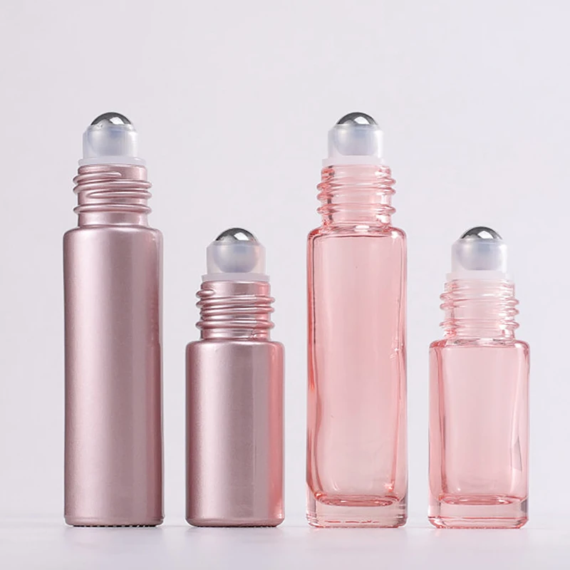 5/10ml Pink Glass Roll On Bottle Essential Oil Lip Gloss Refillable Tube Empty Jar Glass Perfume Bottle