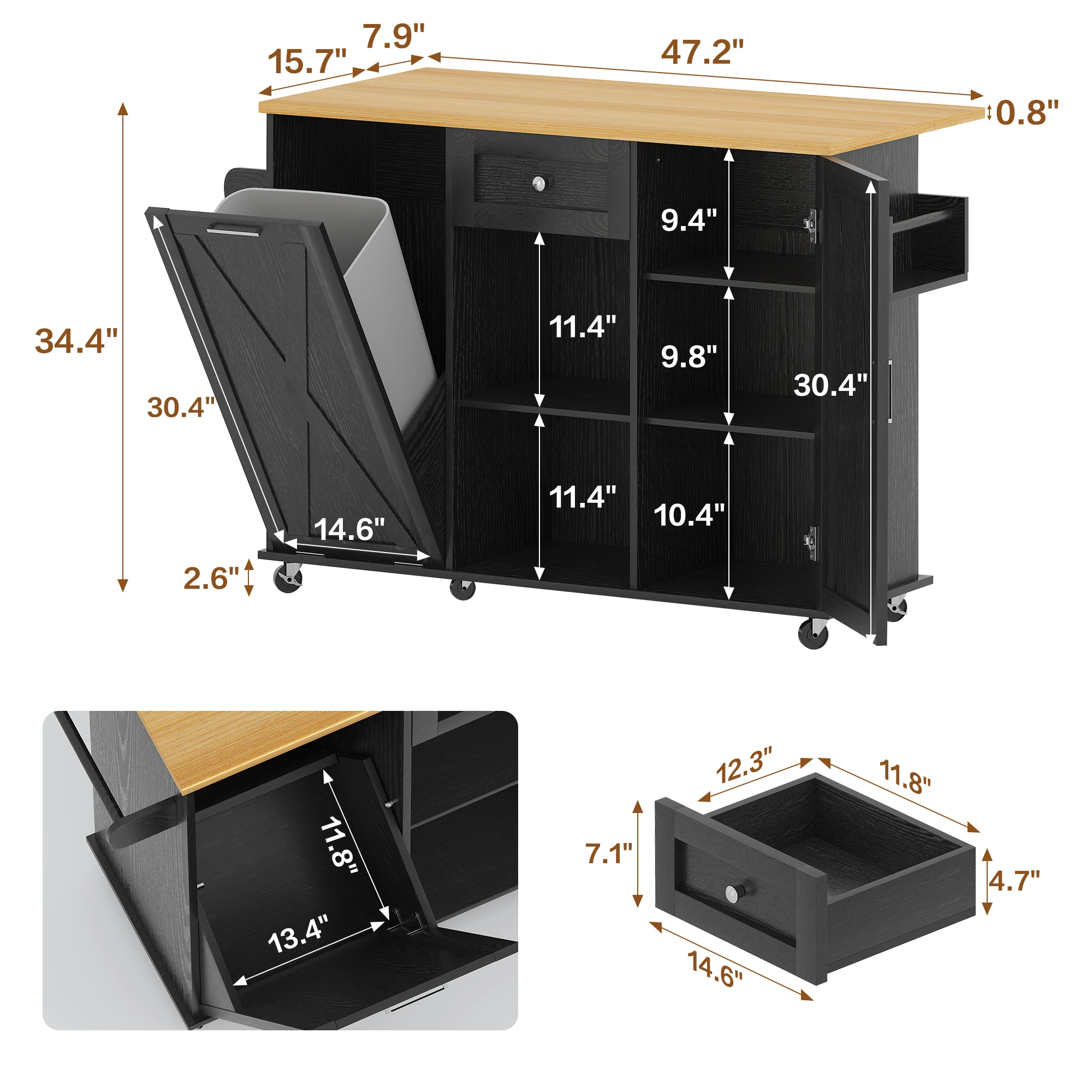 جزيرة المطبخ الدوارة من ديلي مع مساحة تخزين سلة المهملات، عربة جزيرة المطبخ مع سطح طاولة من أوراق الشجر، جزيرة مطبخ مقاس 47.2 بوصة على عجلات