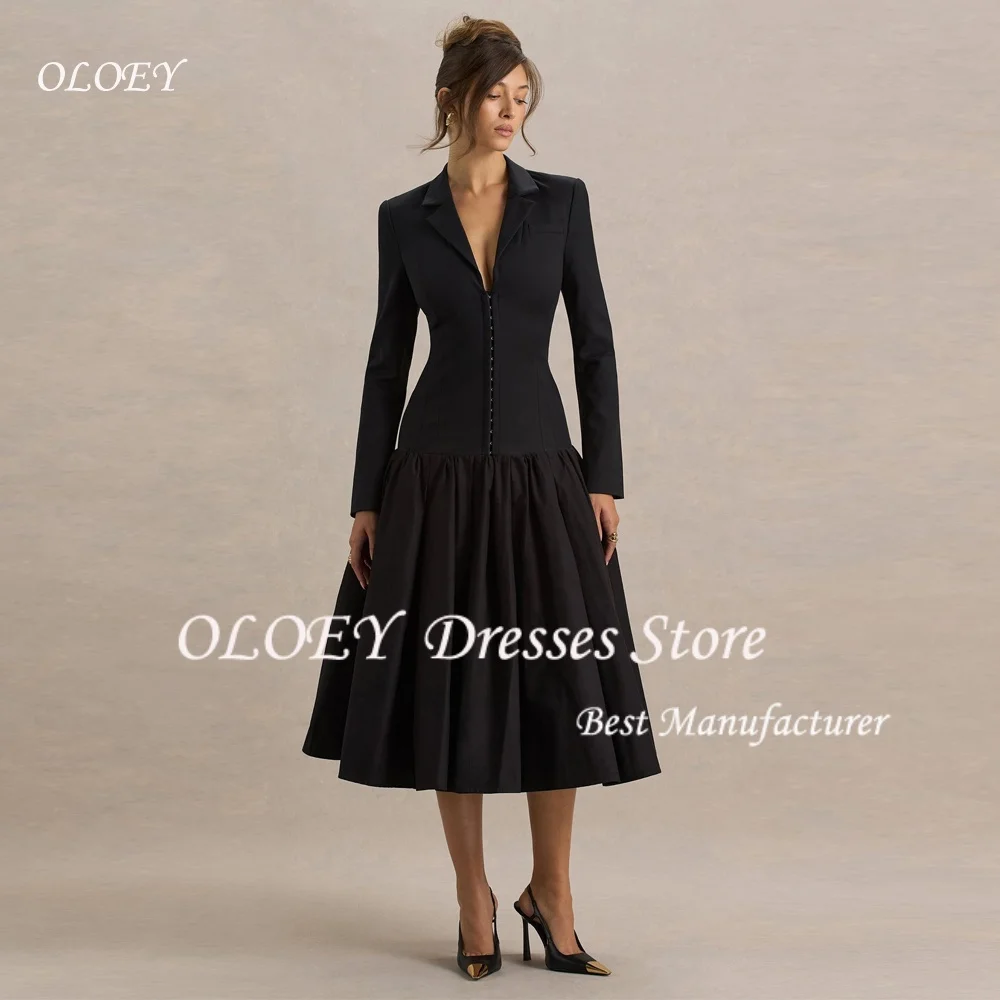 OLOEY Women Black Party Dresses Suit Jacket Dresses Notch Lapel Long Sleeves Tea-Length Prom Gown Customized Office Lady Wear