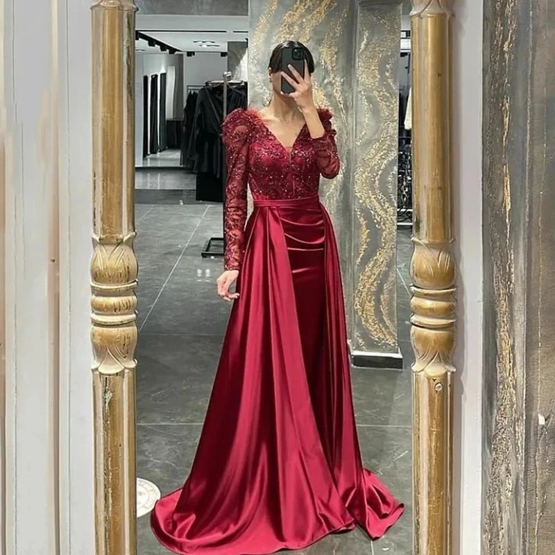 Gorgeous Burgundy Mermaid Formal Evening Dresses Feathers Sparkly Sequins Long Sleeves Women Prom Gowns With Train Wine Robe De