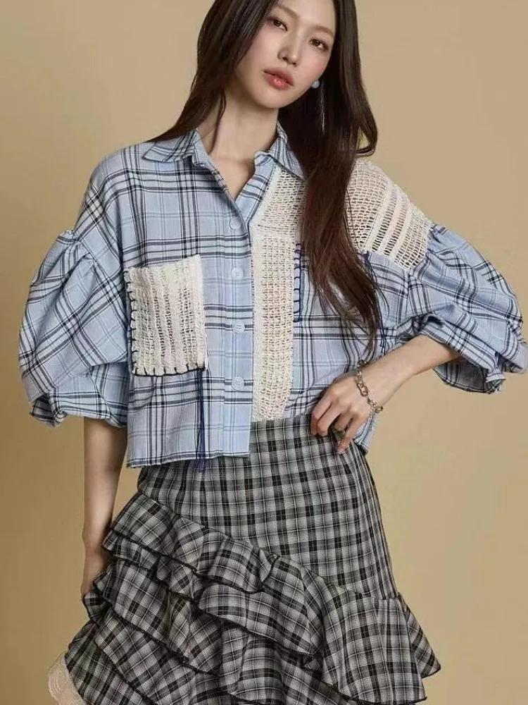 

Fashionable Summer Women's Shirt Loose Plaid Mid-Sleeve Patchwork Design Korean Style Bubble Sleeve Short Length Button Closure