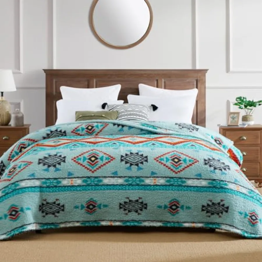

Boho Sherpa Throw Blanket Aztec King Size Blanket Ultra Soft Warm Cozy Plush Thick Fleece Bohemian Throw Blanket for Couch Bed