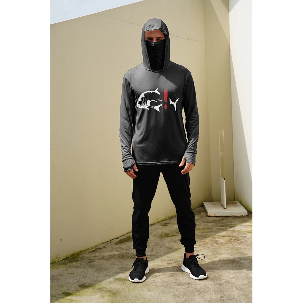 Men Fish Print Fishing Hoodie With Face Mask UPF50+ UV Protection Quick Dry Breathable Long Sleeve Fishing Shirt