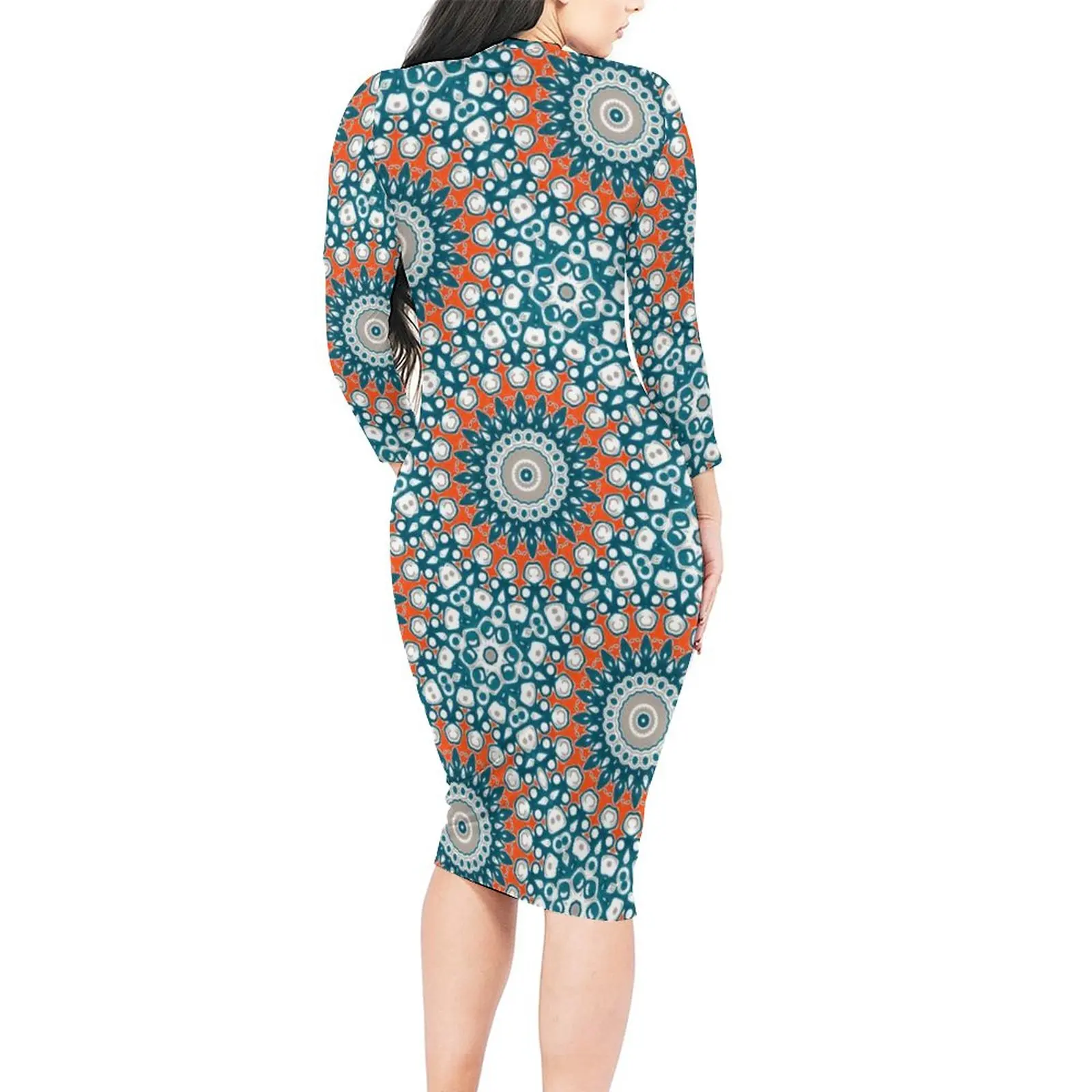 Vintage Mandala Art Bodycon Dress Autumn Funky Painted Medallion Vintage Dresses Female Long Sleeve Custom Aesthetic Dress